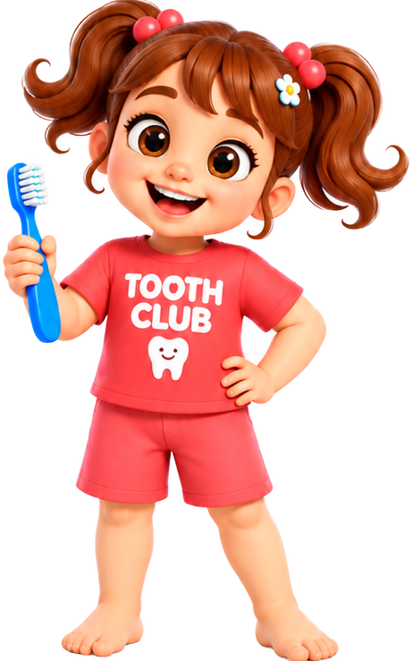 Coco holding a blue toothbrush