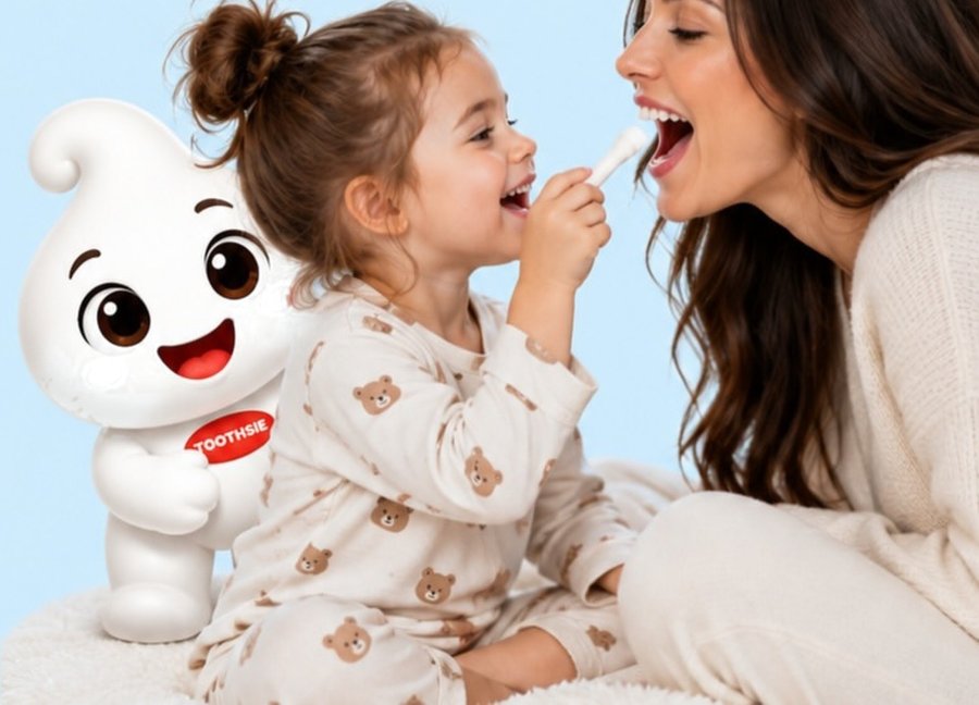 A little girl looking in her mother’s mouth while Toothsie sits beside them