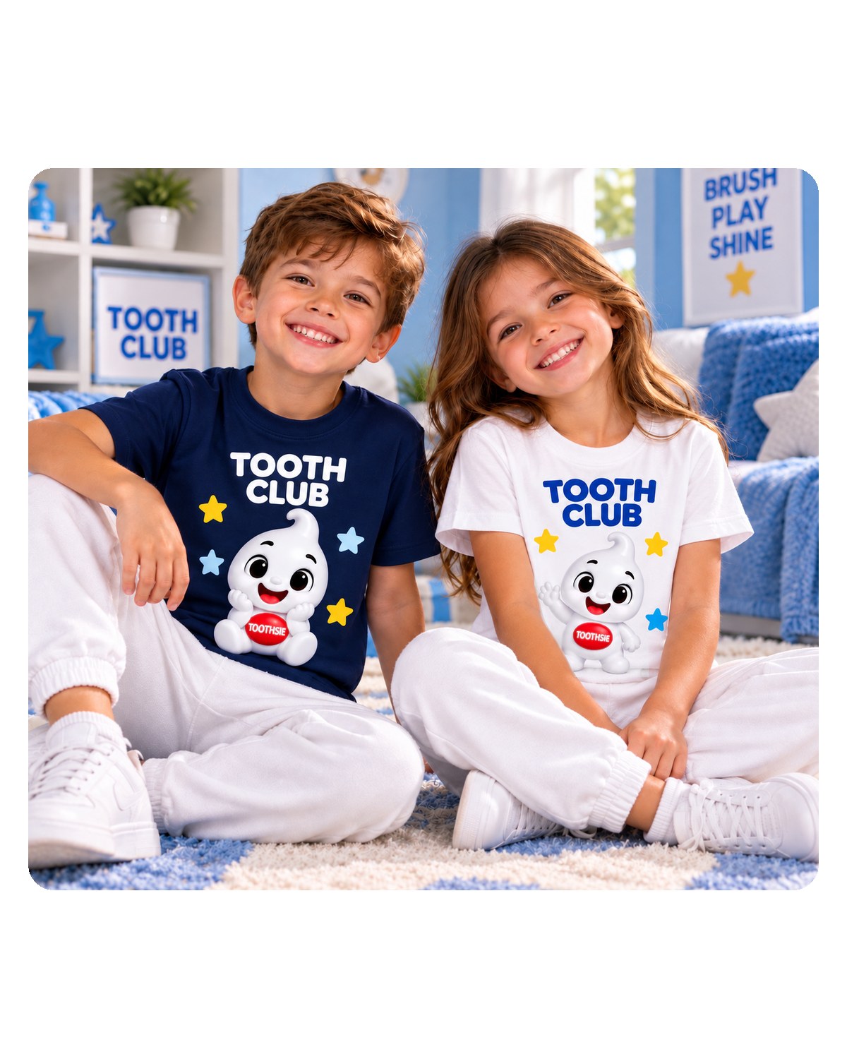 Two children wearing Toothsie T-shirts