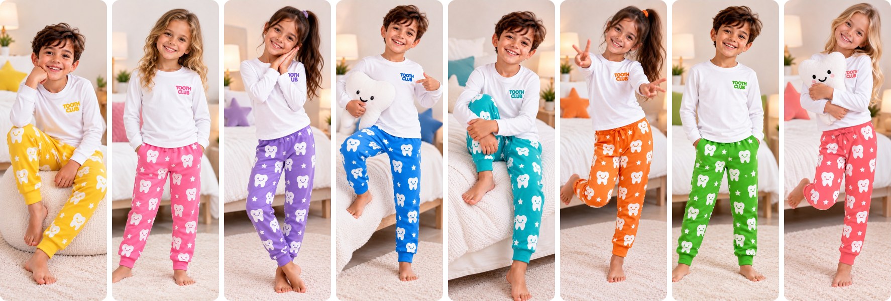 Eight children in Tooth Club pyjamas, one set in each friend’s colour