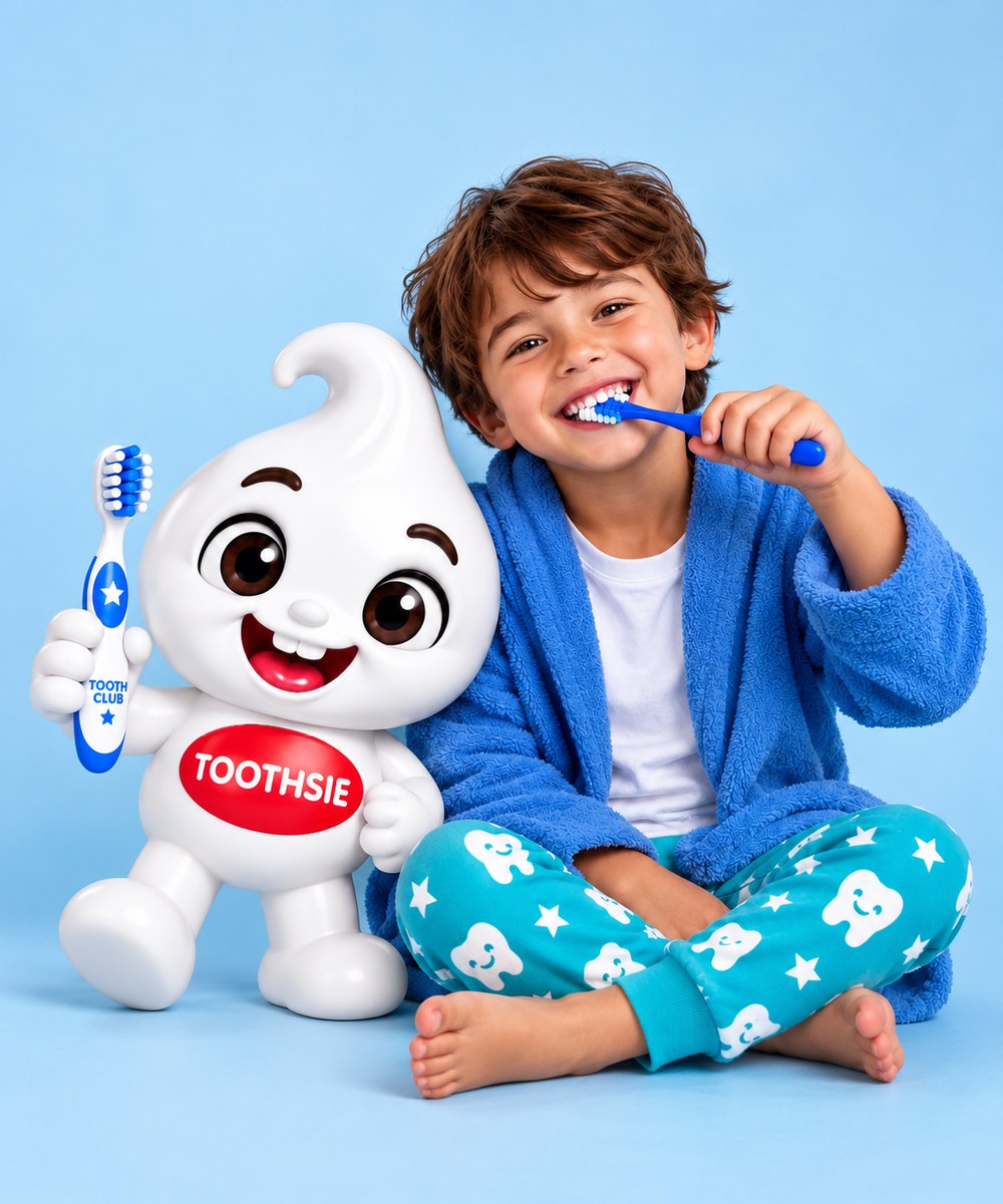 A boy in a blue robe and Tooth Club pyjamas brushing his teeth, sitting beside Toothsie