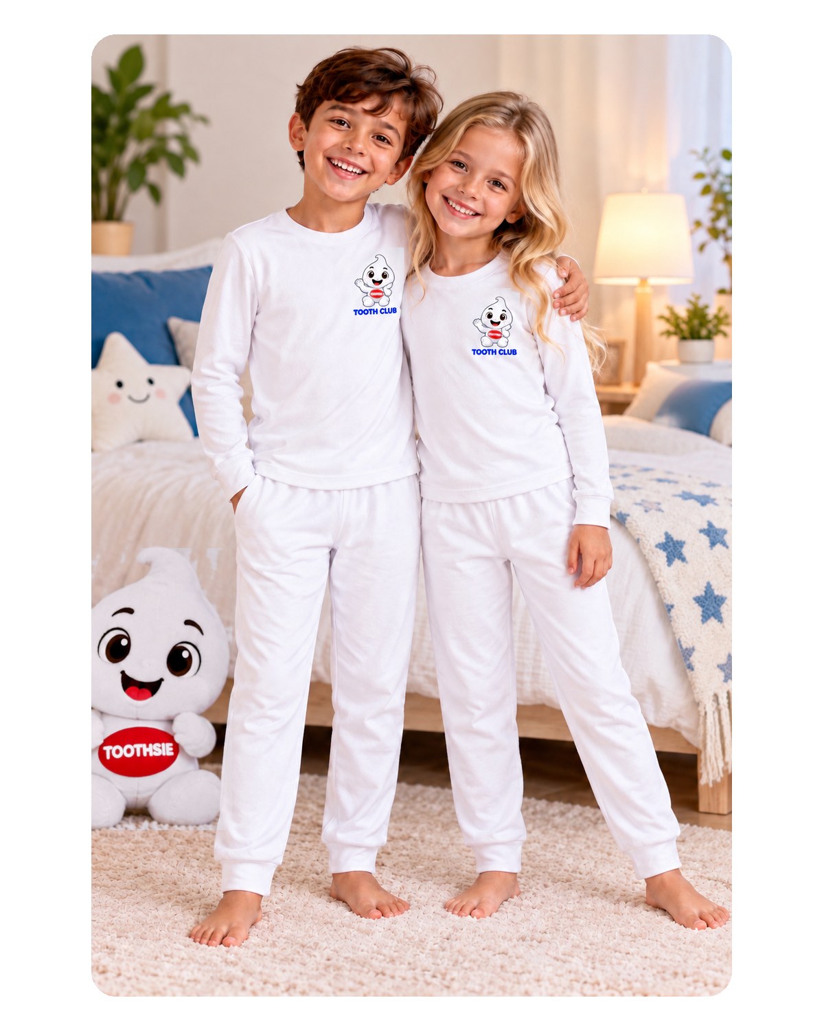 Two children wearing Toothsie pyjamas