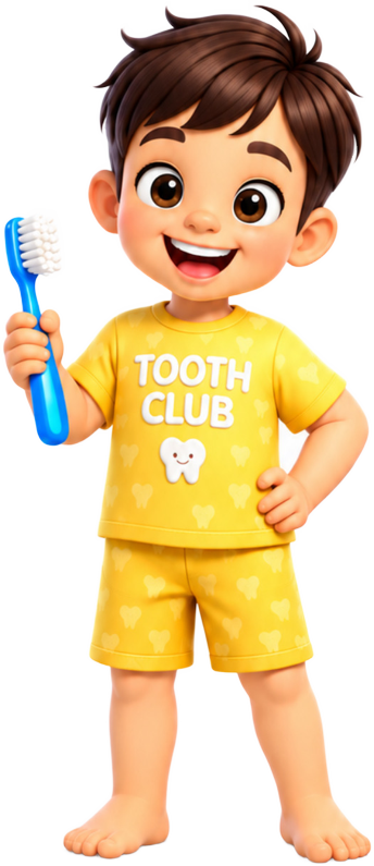 Kai holding a blue toothbrush