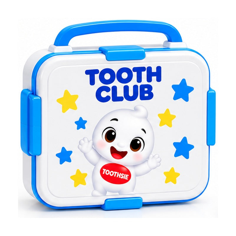 Toothsie lunch box in white and sky blue, with Toothsie waving among stars