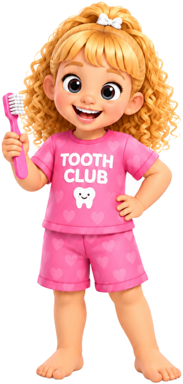 Luna holding a pink toothbrush