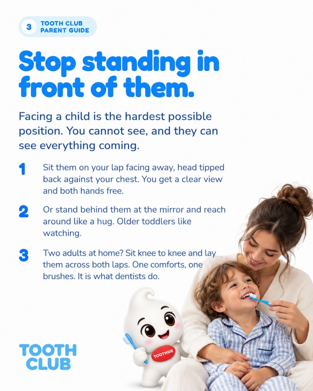 Slide 3: Stop standing in front of them: three brushing positions