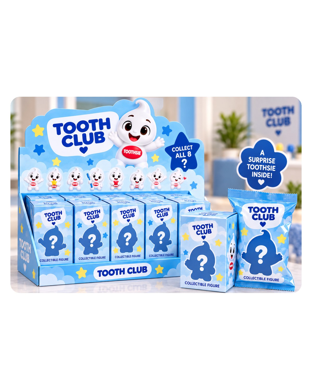 Toothsie collectible figures display box and surprise packs