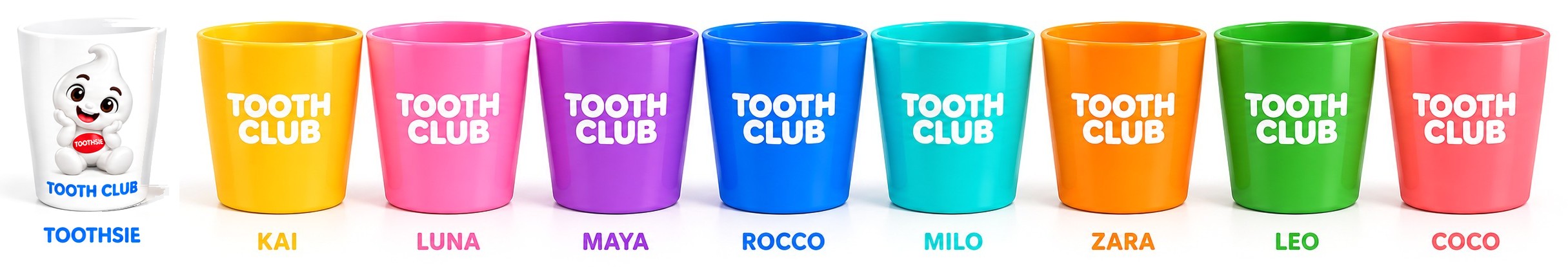 Nine Tooth Club brushing cups: Toothsie’s in white, and one in each friend’s colour