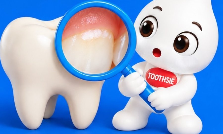 Toothsie inspecting a large tooth through a magnifying glass