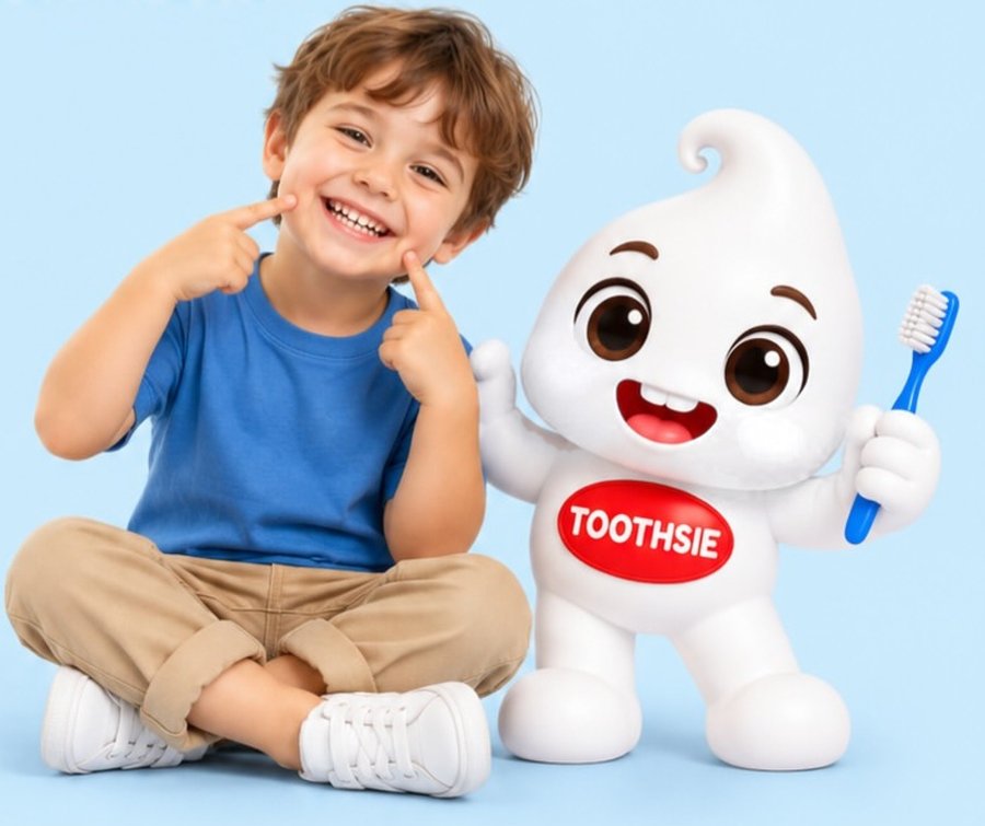 A boy pointing at his smile, sitting beside Toothsie