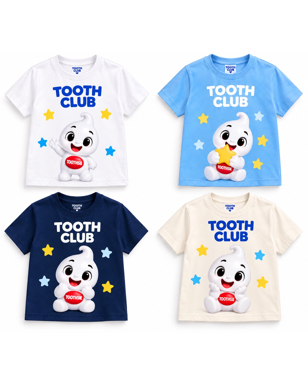 Toothsie T-shirts in white, sky blue, navy and cream