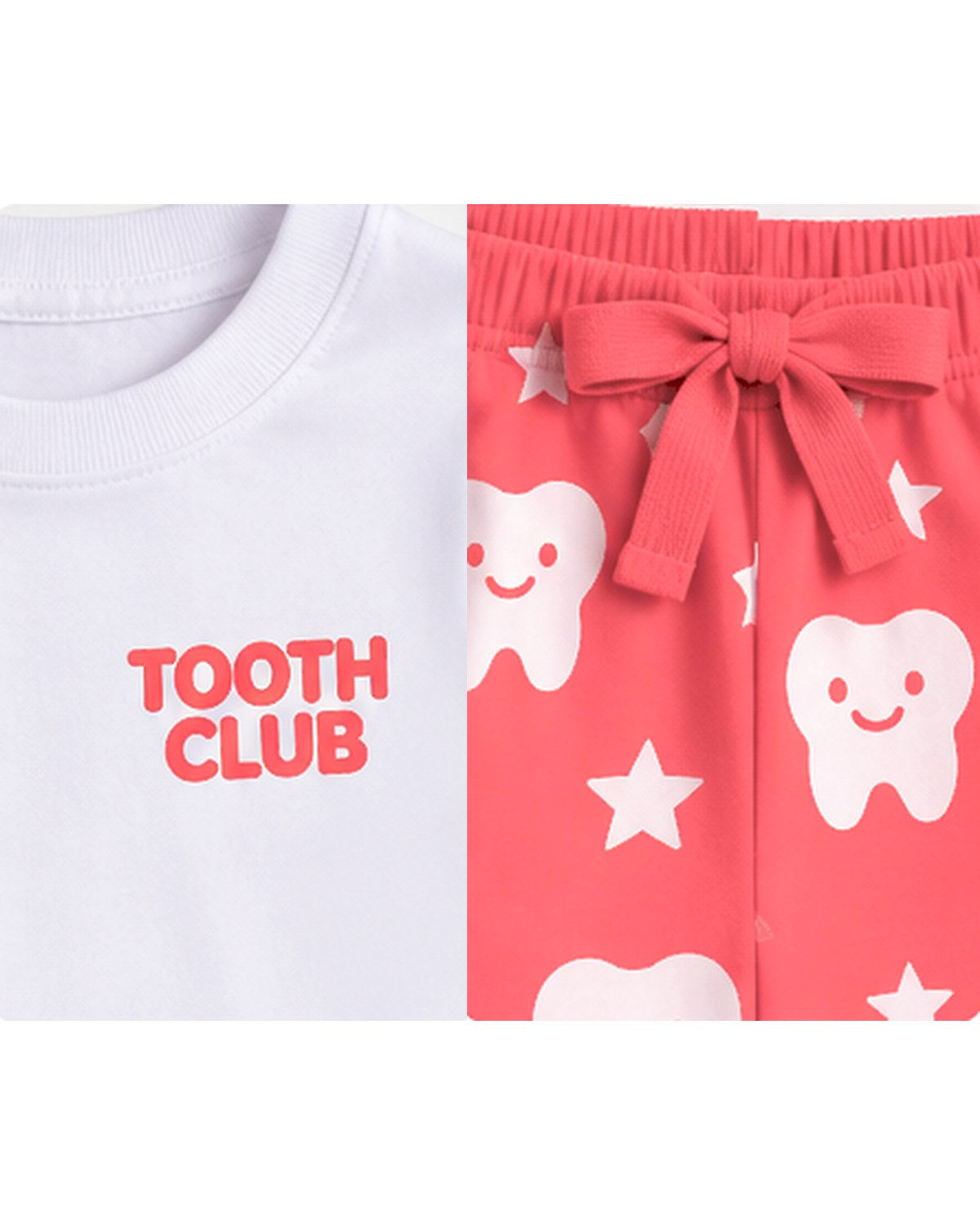 Close-up of the Tooth Club logo and the Coco pyjama waist tie