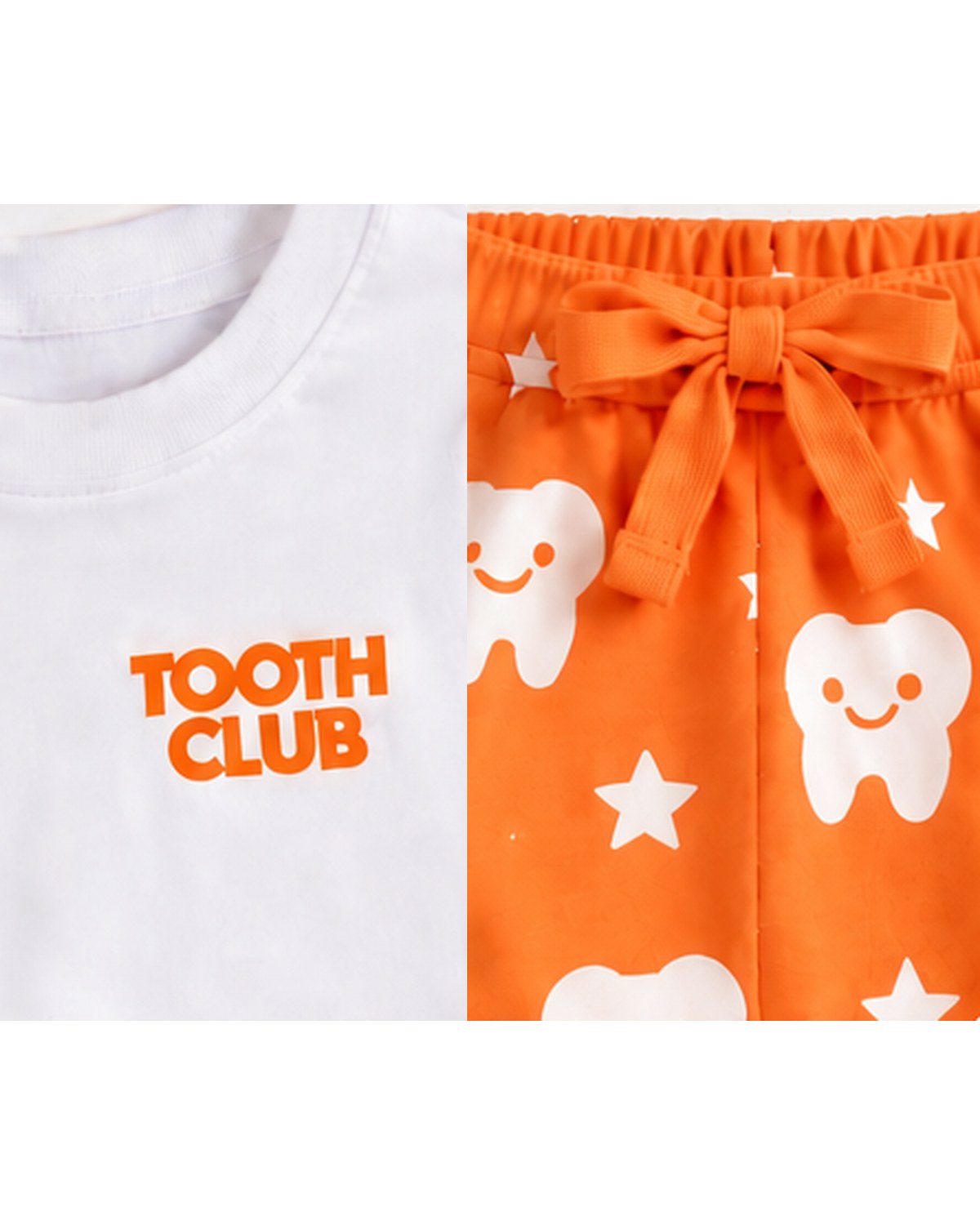 Close-up of the Tooth Club logo and the Zara pyjama waist tie