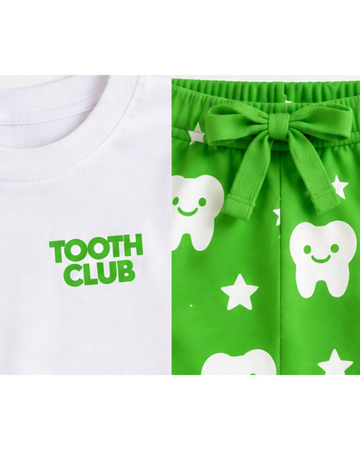 Close-up of the Tooth Club logo and the Leo pyjama waist tie