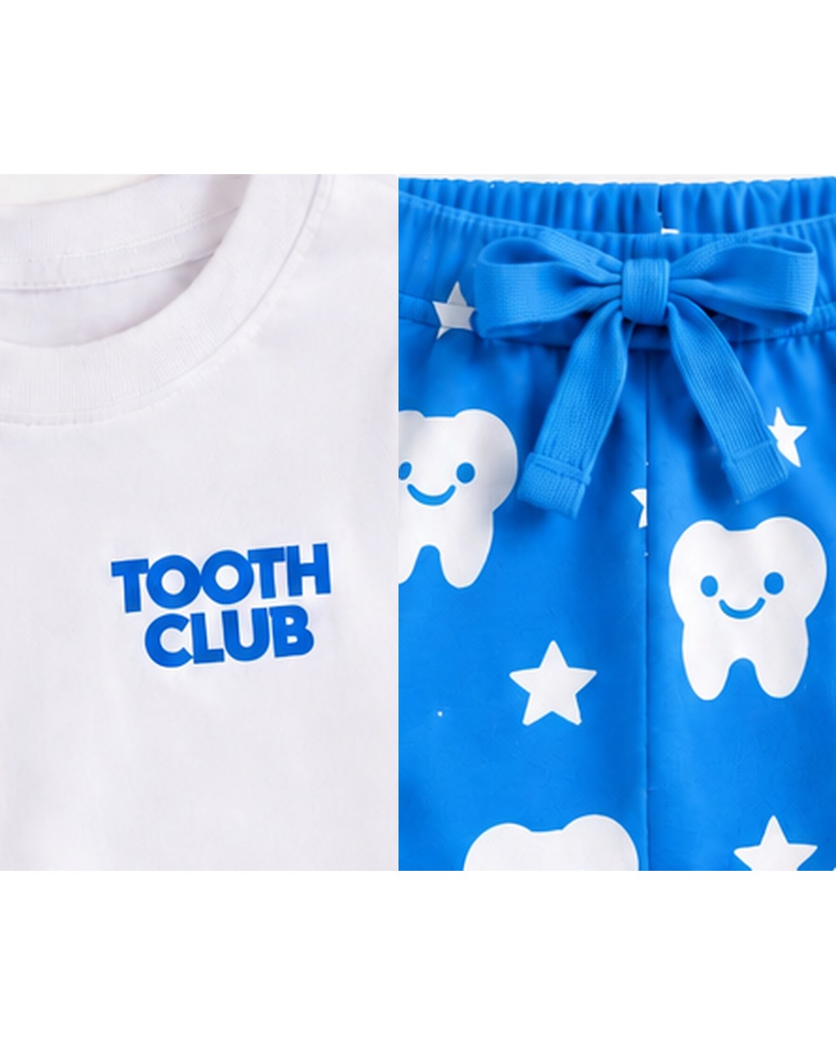 Close-up of the Tooth Club logo and the Rocco pyjama waist tie