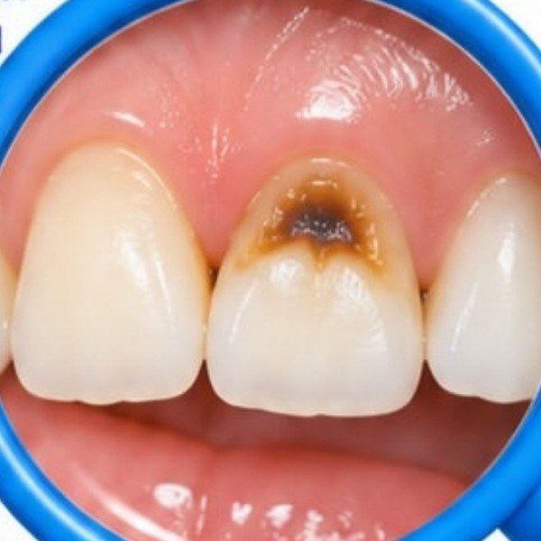 Close-up of a front tooth with a brown and black patch of decay near the gum