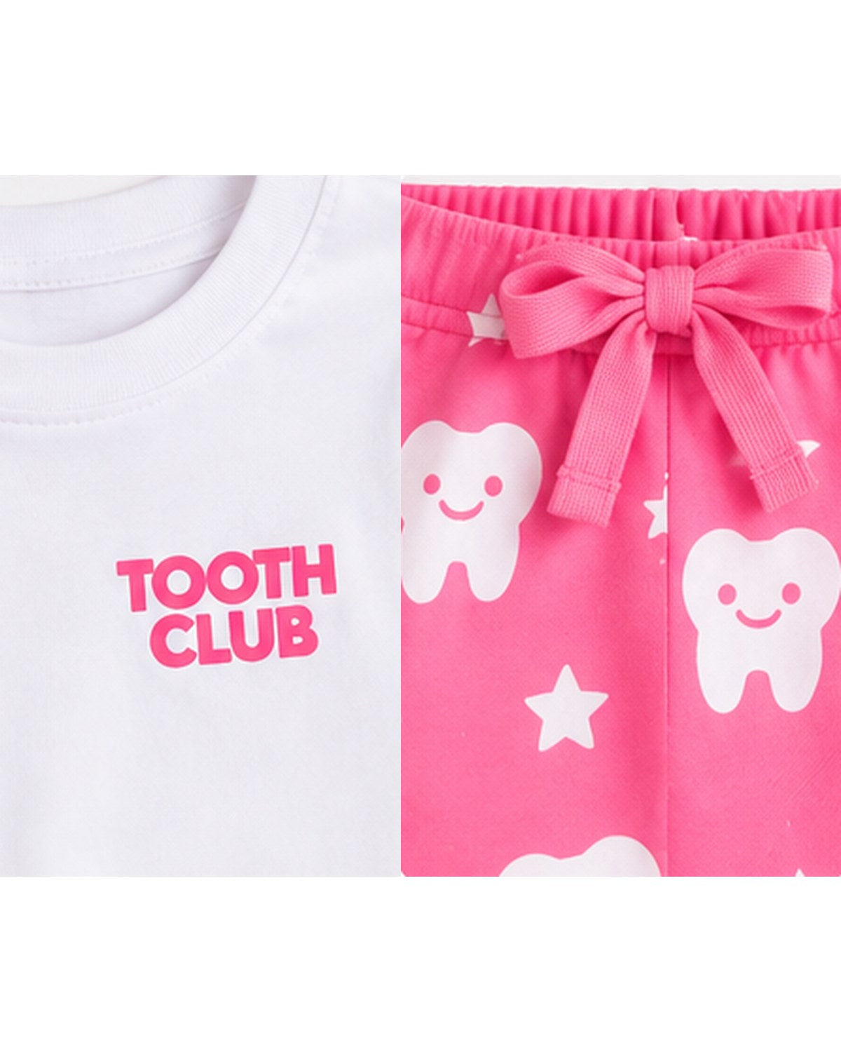 Close-up of the Tooth Club logo and the Luna pyjama waist tie