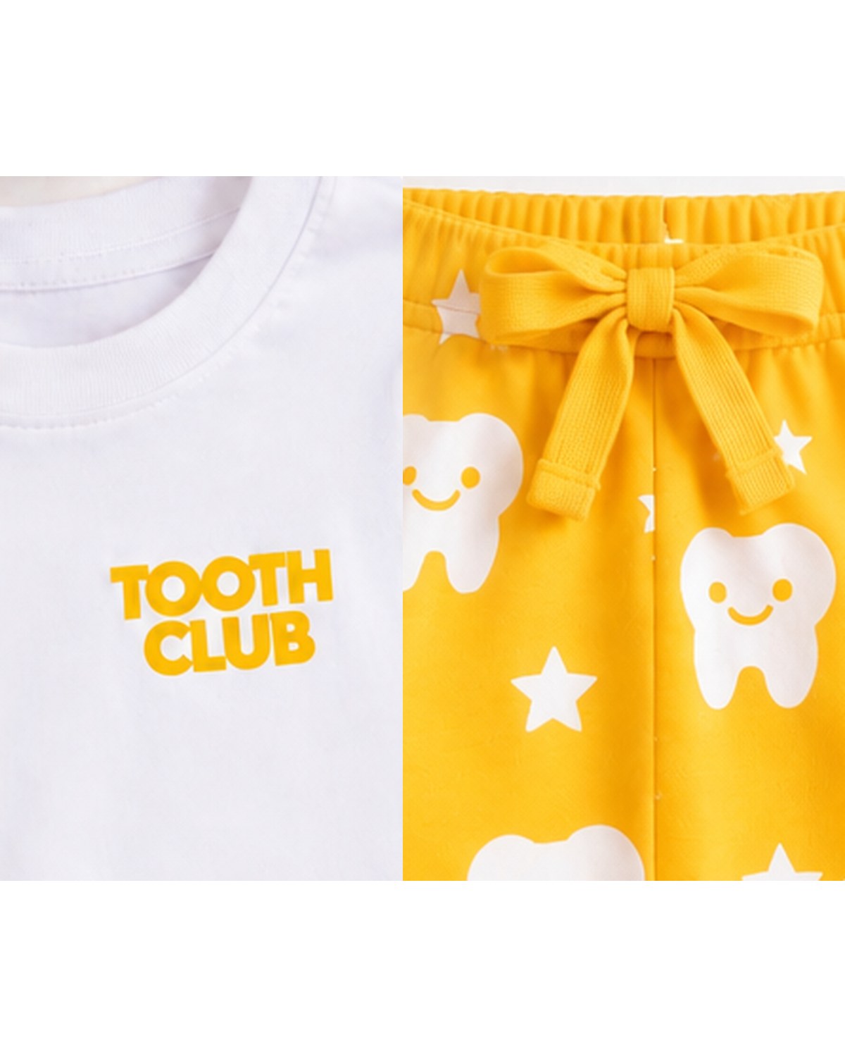 Close-up of the Tooth Club logo and the Kai pyjama waist tie