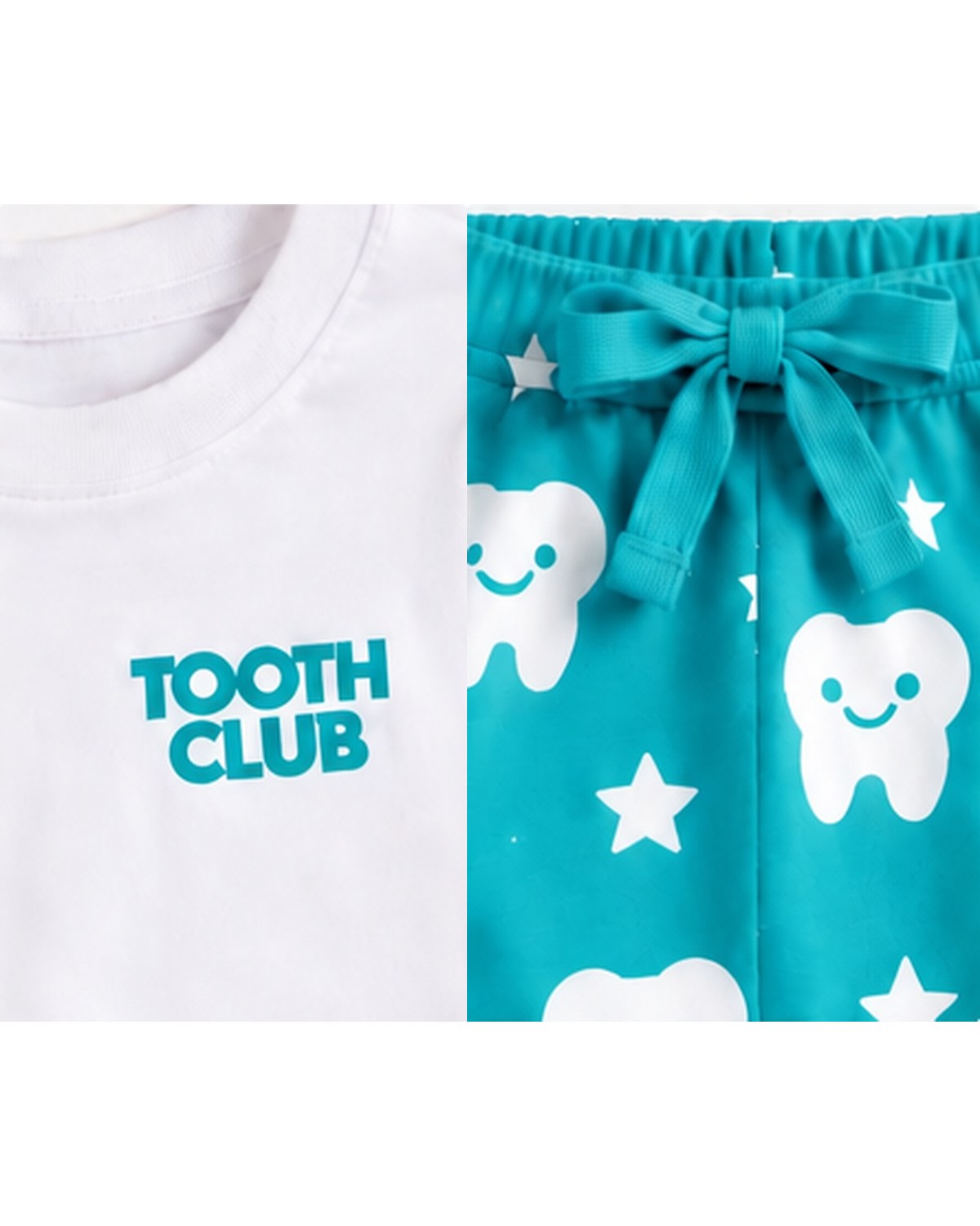 Close-up of the Tooth Club logo and the Milo pyjama waist tie