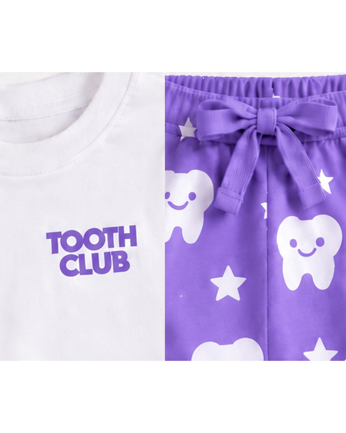 Close-up of the Tooth Club logo and the Maya pyjama waist tie