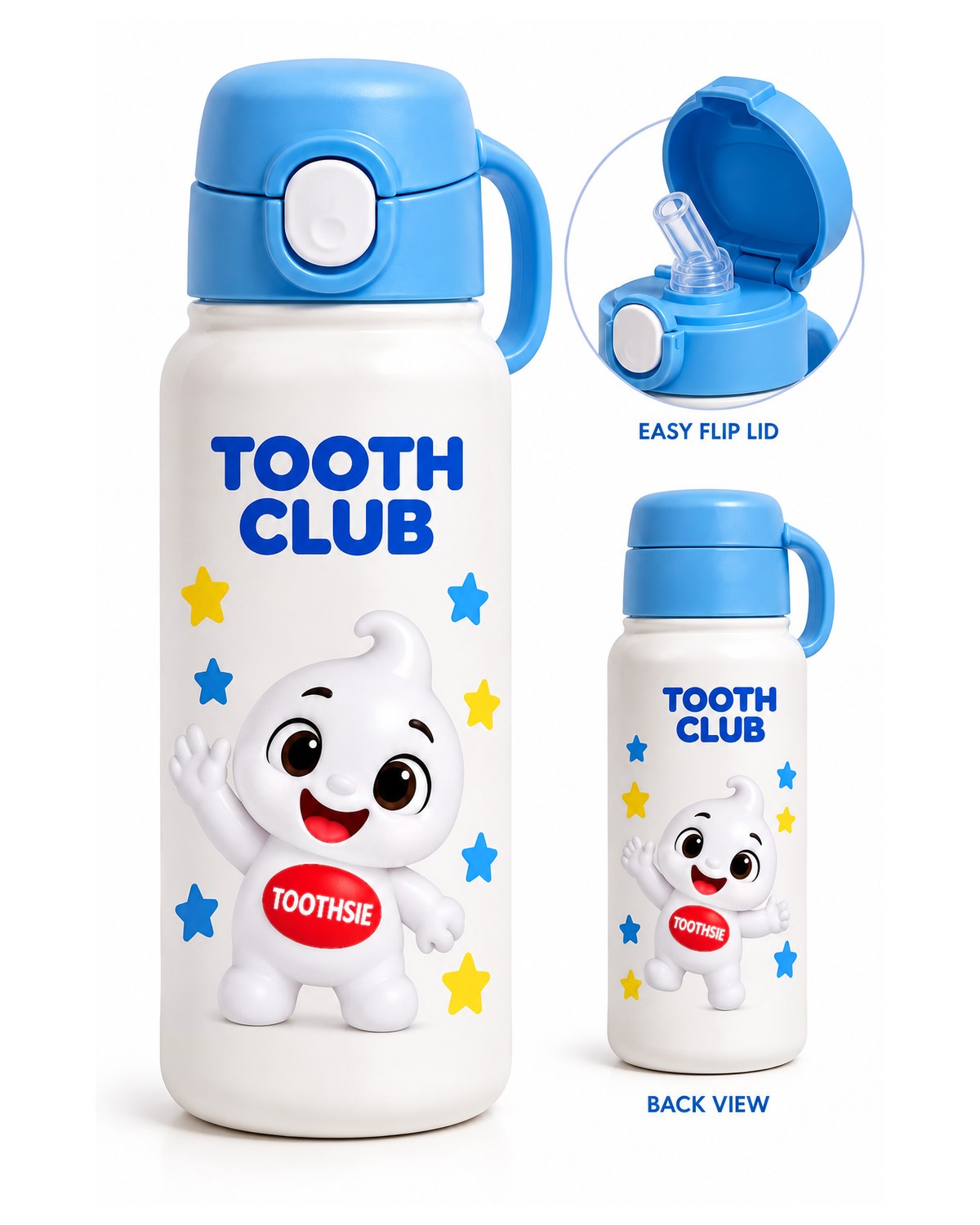 Toothsie water bottle, front, flip lid and back