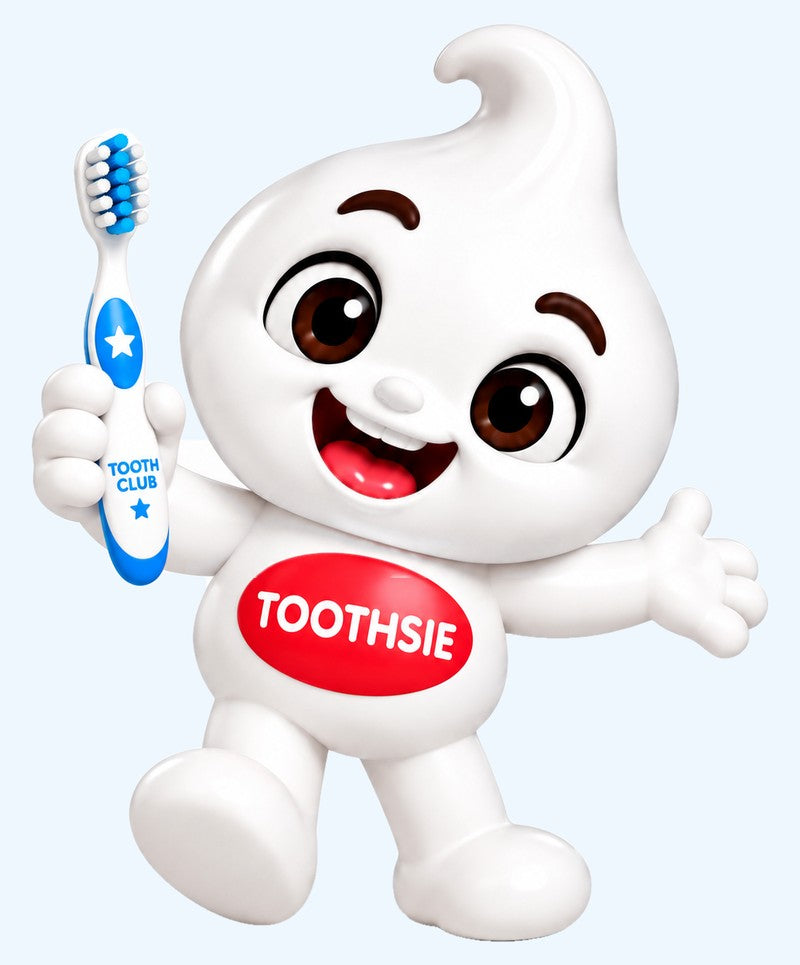 Toothsie walking along, holding up his Tooth Club toothbrush and waving with his other hand