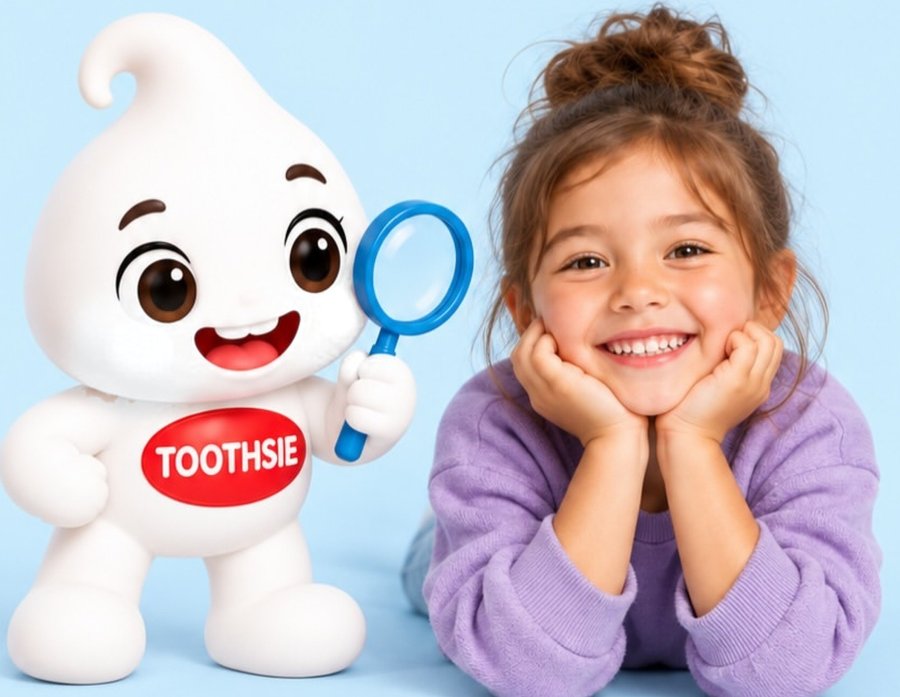 Toothsie holding a magnifying glass beside a smiling girl