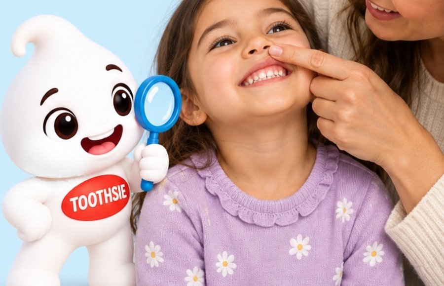A mother gently lifting her daughter’s top lip while Toothsie watches with a magnifying glass