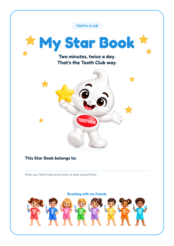 Cover of the Tooth Club Star Book, with Toothsie and the eight friends