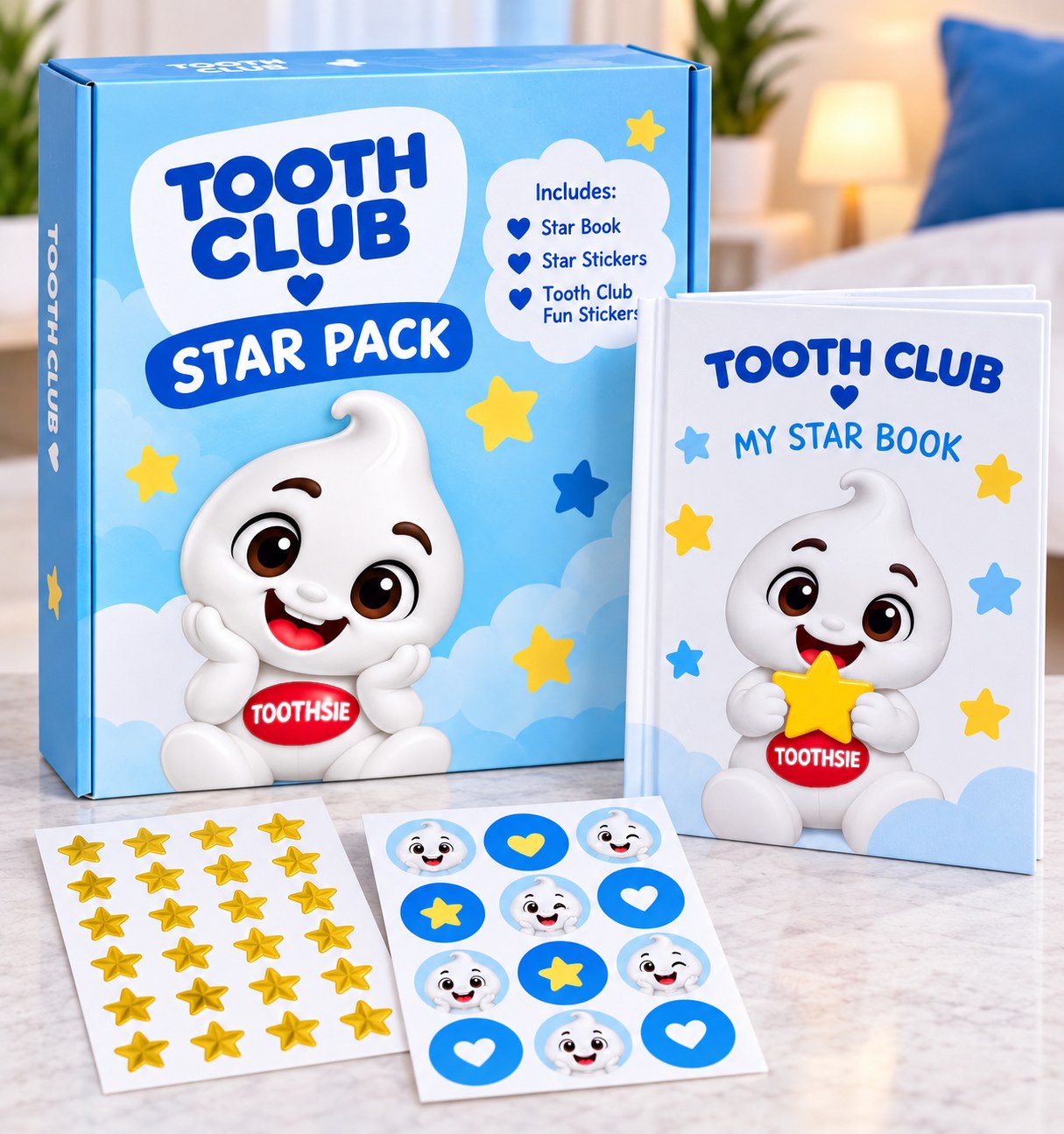 Tooth Club Star Pack box with the Star Book, gold star stickers and Toothsie fun stickers
